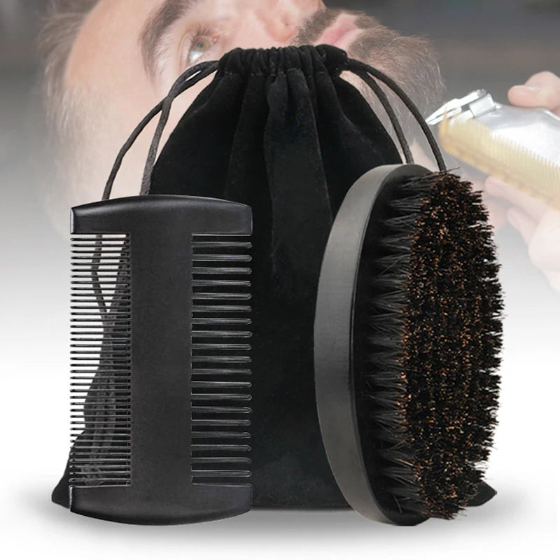 Boar Bristle Wood Beard Brush Hairdresser Shaving Tools Men Mustache Comb With Gift Bag Barber Beard Grooming Hair Comb Kit